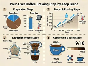 Background: Light beige background, illustrated layout. The overall composition is divided by dashed crosshairs into four quadrants, corresponding to the four main steps of pour-over coffee brewing. The title is centered at the top.
Main Title: Pour-Over Coffee Brewing Step-by-Step Guide
￼
Top-Left Quadrant: [1] Preparation Stage
This section displays equipment and ingredient data.
• Beans Types: Shown as a pie chart.
◦ Blue section: "Ethiopia 60%"
◦ Brown section: "Colombia 40%"
• Grind Size: Shown as a bar chart.
◦ Vertical axis scale: 0 to 500μm
◦ Bar height reaches 500μm, with "500μm" labeled above and "Granular" labeled below.
• Equipment Icons & Parameters:
◦ Grinder icon
◦ Scale icon (15g)
◦ Water Temp icon (92°C), with a thermometer display.
￼
Top-Right Quadrant: [2] Bloom & Pouring Stage
This section presents the extraction curve as a line chart.
• Chart Structure:
◦ X-axis: Time
◦ Y-axis: Pour Amount (g)
• Data Points & Phases:
◦ Start: (0, 0)
◦ Bloom (20g, 30s): The curve reaches 20g at 30s, with a flat pause at this point. A water droplet icon appears above.
◦ Continuous Pour (200g, 2min): From 30s onward, the curve continues to rise, passing through labeled points "30g" and "100g" (with blue upward arrows indicating trend), finally reaching 200g at 2min.
• Side Icon: Thermometer icon labeled "Stable Temp, 90–92°C".
￼
Bottom-Left Quadrant: [3] Extraction Process Stage
This section displays flavor data and an extraction diagram.
• Flavor Data: Shown as a radar chart with five dimensions (clockwise from top):
◦ Acidity
◦ Sweetness
◦ Body
◦ Bitterness
◦ Aroma
The radar chart indicates that this coffee performs notably well in Aroma and Acidity.
• Extraction Diagram: A cross-section of a dripper placed on a server.
◦ Inside the dripper, three layers are marked from top to bottom: 15%, 10%, 15%.
◦ Two time points are labeled on the left: "Extraction Rate T=1:00" and "Extraction Rate T=2:00".
◦ A blue arrow points downward through the coffee grounds, representing water flow. The liquid collected in the server is labeled "15%".
￼
Bottom-Right Quadrant: [4] Completion & Tasting Stage
This section shows the final brew and tasting indicators.
• Final Volume (220ml): An illustration of a blue coffee cup with "220ml" marked on it.
• Overall Taste: A score of "9/10" is shown in the upper right. Below it, a color gradient bar from light to dark is labeled on the right as "Balanced Flavor".
• Bottom Icons:
◦ Aroma Molecules icon
◦ Steam icon (coffee cup with rising steam symbols)