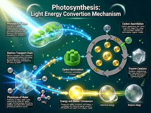 This infographic is titled "Photosynthesis: Light Energy Conversion Mechanism." It features a deep blue-green background, supplemented by glowing particles, energy flow lines, and translucent structures, creating a visual atmosphere that intertwines a sense of technology with the vitality of life. The overall layout follows a left-to-right and top-to-bottom flow structure, clearly presenting the core pathway of photosynthesis, in which light energy is converted into chemical energy and used to synthesize organic matter. Through visual elements such as dynamic light trajectories, molecular models, circular cycle diagrams, and three-dimensional geometric forms, together with explanatory text boxes, the diagram systematically illustrates the key steps of the two major stages: the light reactions and the dark reactions.

The title is located at the top center of the image, rendered in bold white typeface and decorated with two semicircular halos, highlighting the theme. The entire process begins on the left side and sequentially passes through five core stages: "Photolysis of Water," "Light Energy Capture and Conversion," "Electron Transport Chain," "Carbon Assimilation," and "Enzyme Catalysis," ultimately converging at the bottom in a concluding description of "Energy and Matter Conversion."

The detailed content of each part is as follows:

1. **Photolysis of Water** (lower left):
- Text in the text box: "Photolysis of water; water molecules are split into oxygen, hydrogen ions, and electrons, providing an electron source."
- Visual elements: a transparent polyhedral structure (symbolizing Photosystem II or thylakoid membrane), surrounded by blue light beams, from which multiple O₂ molecules (diatomic spheres), H⁺ (small spheres with positive charge symbols), and HO₂⁺ (a molecular structure labeled "HO₂⁺") are released, with arrows indicating the direction of decomposition.

2. **Light Energy Capture and Conversion** (upper left):
- Text in the text box: "Light energy capture and conversion; chlorophyll absorbs light energy, generates high-energy electrons, and produces ATP and NADPH."
- Visual elements: a translucent elliptical chloroplast structure, embedded with multiple green leaf-shaped patterns (symbolizing chlorophyll molecules), illuminated by bright blue-white light, from which electron streams (blue light spots moving along curved paths) are emitted.

3. **Electron Transport Chain** (middle-left):
- Text in the text box: "Electron transport chain; electrons are transferred successively, driving redox reactions and reducing NADP⁺."
- Visual elements: an arc-shaped pathway composed of blue and golden light spots, connecting the light energy capture area to the ATP/NADPH generation region, symbolizing the electron flow path. Beside the pathway is a green disc-shaped structure containing stacked green cylinders (possibly representing cytochrome complexes or carrier proteins).

4. **Carbon Assimilation** (circular structure on the right):
- Text in the text box: "Carbon assimilation; the Calvin cycle fixes CO₂, using ATP and NADPH to synthesize organic matter."
- Visual elements: a large circular cycle diagram composed of multiple gray arrows, with several golden spheres labeled "ATP" distributed within the cycle, a CO₂ input arrow above the cycle on the outside, and an NADPH input arrow on the right side, indicating its participation in the carbon fixation process. Extending from the right end of the circular structure is a transparent polyhedral crystal (symbolizing carbohydrates or other organic products).

5. **Enzyme Catalysis** (far right):
- Text in the text box: "Enzyme catalysis; enzymes catalyze key steps, such as ATP synthase synthesizing ATP."
- Visual elements: located to the right of the carbon assimilation circular structure, with no direct graphical connection, but its position implies its regulatory role throughout the entire process, emphasizing the catalytic function of enzymes at key steps.

6. **Energy and Matter Conversion** (bottom center):
- Text in the text box: "Energy and matter conversion; light energy is converted into chemical energy, stored in ATP/NADPH, and used to form organic matter."
- Visual elements: three transparent spheres of varying sizes, one of which emits a yellow glow and is labeled "chemical energy," symbolizing the stored form of energy, while the other spheres are connected by light beams, representing the outcome of energy and matter conversion.

In addition, the diagram includes the following details:
- Glowing lines and particle flows are used in multiple places to indicate the direction of energy flow.
- ATP and NADPH appear as golden spheres and labels, highlighting their roles as energy carriers.
- Chemical substances such as CO₂, O₂, H⁺, and HO₂⁺ are all marked with molecular models or symbols.
- The overall style has a futuristic, technological feel while also maintaining biological accuracy, making it suitable for educational or science popularization contexts.

Through its structured layout, clear textual explanations, and intuitive visual symbols, this diagram comprehensively reproduces the entire process by which light energy is converted into chemical energy and used to synthesize organic matter in photosynthesis, with rigorous logic and clear hierarchical organization.