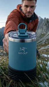 Product & Perspective: Ultra-wide 16mm low-angle shot, tumbler fills 40% of foreground, extreme near-far perspective. Focus locked on lake-blue matte metal body with "GO OUT" logo, matching lid with ring handle, black rubber base—all details replicated exactly.
Model: Male, 20-25, athletic build, short hair, confident gaze. Wearing terracotta hardshell jacket, leaning forward with arm extended, holding tumbler toward camera—dynamic exploration pose.
Scene: High-altitude mountain morning, soft blue-gray sky, granite ridgeline, shallow depth-of-field blur. Windblown grass, scattered water droplets, light snow particles—minimalist, no distractions.
Lighting: Morning side-backlight + soft fill. Clean highlights on matte surface, natural reflections on lid/handle, textured rubber base.
Quality: 8K HDR, sharp foreground, cinematic cool tones, Arc'teryx-style aesthetic. 9:16 vertical format, high visual impact.