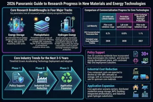 This infographic, titled "2026 Panoramic Guide to Research Progress in New Materials and Energy Technologies," uses a dark tech-style background with neon blue, purple, and pink tones outlining borders and text. The overall layout is clearly divided into four major sections, presenting core research breakthroughs, commercialization progress comparisons, 3-5 year industry trends, and supporting ecosystem factors.

The upper-left section is titled "Core Research Breakthroughs in Four Major Tracks," with a subtitle stating "Key parameters have all surpassed previous industry-recognized bottlenecks." This area contains three side-by-side icon-based modules, each with illustrations and detailed data:

1. **Energy Storage**:
- Illustration: A glowing battery device with lightning symbols and waveform lines.
- Text: "All-solid-state lithium battery energy density exceeds 500 Wh/kg, with cycle life surpassing 2,000 cycles."

2. **Photovoltaics**:
- Illustration: A multi-layered solar panel structure with a sun icon at the top.
- Text: "Perovskite-silicon tandem cell photoelectric conversion efficiency exceeds 33%, surpassing the 29.4% theoretical limit of conventional crystalline silicon cells."

3. **Hydrogen Energy**:
- Illustration: A water electrolysis hydrogen production device schematic, labeled with H₂ and O₂ gas outputs.
- Text: "Anion exchange membrane hydrogen production energy consumption reduced to 4.2 kWh/Nm³, approaching the energy consumption level of proton exchange membrane hydrogen production."

The upper-right section is titled "Comparison of Commercialization Progress for Core Technologies," presenting the performance of three technologies across different dimensions in a table format:

| Dimension | All-Solid-State Lithium Battery | Perovskite Tandem Cell | Anion Exchange Membrane Hydrogen Production |
|-----------------------|---------------------------------|------------------------|----------------------------------------------|
| Lab Maturity | Pilot-scale validation stage | Lab-scale optimization stage | Pilot-scale validation stage |
| 2024 Commercialization Penetration Rate | 0.2% | 0.03% | 1.1% |
| Estimated Large-Scale Deployment Timeline | 2028 | 2030 | 2027 |

The lower-left section is titled "Core Industry Trends for the Next 3-5 Years," with a subtitle "Threefold Drivers Accelerating Technology Deployment and Adoption," presented through three arrow-linked icon flowcharts:

- Phase 1: Policy Support (icons of documents and shields)
- Phase 2: Industrial Cost Reduction (icon of a factory)
- Phase 3: Application Expansion (icon of a recycling/charging symbol)

The lower-right section contains three independent information modules:

1. **Policy Support**:
- Title highlighted in pink neon font.
- Content: "Over 30 countries worldwide have incorporated these technologies into medium- and long-term energy development plans, with continued R&D and deployment subsidies."
- On the right side are a "30+" numerical badge and small icons including documents, a mushroom, money, and a hand passing currency.

2. **Industrial Cost Reduction**:
- Title in cyan neon font.
- Content: "Core component costs are expected to decline by 15%-20% annually on average, with an increasing localization rate for upstream core materials."
- On the right side are factory and truck icons.

3. **Application Expansion**:
- Title in blue neon font.
- Content: "Core application scenario carriers: distributed residential energy storage, BIPV (building-integrated photovoltaics), and industrial green hydrogen substitution."
- On the right side are icons for a house, solar panels, a factory, and urban buildings.

The overall infographic features a modern design with strong visual impact, extensively using glowing lines, transparent panels, and tech-inspired elements. The data presentation is clear, and the logical hierarchy is well-structured, comprehensively covering the key advancements, commercialization pathways, and future development trends in new materials and energy technologies for 2026.