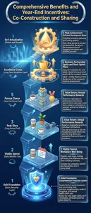 This infographic, themed "Comprehensive Benefits and Year-End Incentives: Co-Construction and Sharing," adopts a deep blue tech-style background and incorporates visual elements such as city silhouettes, glowing gear rings, golden trophies, and multi-layered transparent platforms to present a structured, hierarchical employee incentive and benefits system. The overall design conveys a futuristic and premium feel, using a central radiant glow, surrounding circular arrows, and stepped ascending paths to symbolize the synergistic rise of personal growth and corporate development.

The title is positioned at the top center in golden three-dimensional lettering, flanked by silver ring-shaped decorations that create a halo effect. The content is divided into five core tiers, from bottom to top: Solid Foundation (Basic Security Layer), Vitality Source (Daily Benefits Layer), Peak Glory (Year-End Bonus Pool), Excellence Crown (Long-Term Incentive Layer), and Self-Actualization (Vision and Growth). The left side features vertical text labels for each tier, while the right side corresponds to detailed description boxes numbered 1 through 5, forming a clear left-right symmetrical layout.

At the center of the graphic is a three-dimensional structure composed of multiple transparent circular platforms. The bottommost layer is a blue energy halo, atop which rests a shield icon with a heart pattern, symbolizing security and protection. On the middle platforms are icons such as a coffee cup, calendar, potted plant, dumbbell, gift box, and medal, representing daily care and rewards in the workplace. At the top is a shining golden crystal trophy, encircled by an upward-rotating gear ring that contains upward arrows, symbolizing continuous progress and systematic interconnection.

The specific content of each tier is as follows:

1. Solid Foundation: Comprehensive Protection System
- Covers the five social insurances and one housing fund, premium supplementary medical insurance, and annual health checkups.
- Builds the most stable safety net for employees, eliminating worries about daily life.

2. Vitality Source: Workplace Well-Being
- Flexible work hours, holiday gift boxes, free afternoon tea, and team-building activities.
- Conveys the company's warmth and humanistic care in every detail.

3. Value Return: Annual Performance Rewards
- Based on organizational performance and individual contributions.
- The year-end bonus is not only recognition of past efforts but also the most direct and substantial financial tribute to excellence.

4. Business Partnership: Equity and Stock Option Plans
- Long-term incentives for core talent, closely linking personal growth with the company's market value.
- Jointly sharing in the dividends of the company's leapfrog development.

5. Peak Achievement: Unlimited Development Space
- Complete promotion pathways and training systems.
- Here, what you gain is not just compensation, but also the supreme honor of changing the industry and fulfilling yourself.

Through the combination of visual symbols and text, the entire infographic vividly conveys the complete incentive chain from basic security to advanced growth, emphasizing the corporate cultural philosophy of "Co-Construction and Sharing." The stepped upward graphic on the left echoes the numbered boxes on the right, guiding viewers from bottom to top to understand the progressive relationship of the incentive system.