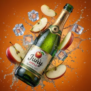 In the dynamic advertisement for Apple Juicy apple sparkling wine, ice cubes and apple slices collide around the bottle, with liquid swirling around it. The background is orange, creating a highly realistic and detailed style, with rich details, a wide-angle perspective, high resolution, vibrant colors, and bright fruit tones.