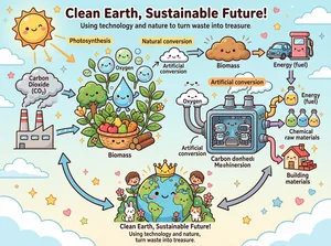 This infographic is presented in a cartoon style, with the theme "Clean Earth, Sustainable Future!" and the subtitle "Using technology and nature to turn waste into treasure." The overall layout adopts a circular flowchart structure, with a light blue sky background dotted with white clouds, stars, and hearts, creating a warm and environmentally friendly atmosphere. The visual elements feature anthropomorphic designs; all objects (such as the sun, water droplets, clouds, plants, factories, robots, cars, houses, etc.) have smiling faces, with bright and soft colors and rounded, adorable lines—typical of a Japanese Q‑version illustration style.

The information flow begins at the upper left: a smiling yellow sun emits rays, with an arrow pointing downward to the "Photosynthesis" process. On the left are gray clouds labeled "Carbon Dioxide (CO2)" rising from two chimneys, representing industrial emissions. These CO2 clouds flow via a blue arrow toward the central green plant cluster (including trees, leaves, and flowers), while an anthropomorphic blue "water" droplet also joins in. Under "Photosynthesis," the plants release multiple smiling transparent bubbles labeled "Oxygen." The plants also produce a basket filled with fruits (apples, pears, carrots, etc.) and timber, labeled "Biomass."

Two paths emerge from the plant area:

1. **Natural conversion path** (indicated by the yellow label "Natural conversion"):
- From the plants, it points upward to the right, eventually forming "Biomass," which can further be used to produce "Energy (fuel)," shown as a small blue car refueling at a pink gas station, which also has a smiling face.

2. **Artificial conversion path** (indicated by the orange label "Artificial conversion"):
- From the CO2 clouds, a curved gray arrow leads into a large, anthropomorphic blue machine device, with two robots operating inside and chimneys on top emitting steam, symbolizing advanced carbon capture and conversion technology.
- This machine device has three output pipes leading to three products:
- The yellow pipe leads to "Energy (fuel)," merging with the natural conversion path.
- The purple pipe leads to "Chemical raw materials," showing three smiling glass bottles (green, blue, and yellow liquids).
- The pink pipe leads to "Building materials," showing a small smiling house and several red bricks.

The entire process ultimately closes in a loop at the bottom with an Earth motif: a smiling Earth wearing a golden crown, surrounded by children, a rabbit, a cat, and flowers and plants, symbolizing a harmonious future. This section includes the main title: "Clean Earth, Sustainable Future!" and the subtitle: "Using technology and nature, turn waste into treasure."

The text content is fully recorded as follows:

- Title: Clean Earth, Sustainable Future!
- Subtitle: Using technology and nature to turn waste into treasure.
- Upper left: Sun → Photosynthesis → Water + Carbon Dioxide (CO2) → Plants → Oxygen + Biomass
- Right side: Biomass → Energy (fuel) (car + gas station)
- Middle: Carbon Dioxide (CO2) → Artificial conversion → Machine device → Energy (fuel), Chemical raw materials, Building materials
- Labels: Photosynthesis, Water, Carbon Dioxide (CO2), Oxygen, Biomass, Energy (fuel), Chemical raw materials, Building materials, Natural conversion, Artificial conversion

Through a clear visual flow and a lovely style, this infographic vividly demonstrates the process of converting carbon dioxide from a pollutant into multiple useful resources, emphasizing the important role of combining nature and technology in achieving carbon neutrality and sustainable development.
