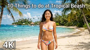 A social media post design.
Platform: [YouTube Thumbnail]
Background: [a tropical island]
Main visual: [A girl dress in bikini smiling ]
Headline: [10 Things to do at Tropical Beach]
subtitle: [4K]