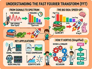 The infographic titled "UNDERSTANDING THE FAST FOURIER TRANSFORM (FFT)" is presented in a colorful, cartoon-style layout with a warm peach-orange background and white borders around each section. The design uses playful illustrations, dashed arrows to indicate flow, and rounded rectangular boxes to organize content into distinct sections.

The infographic is structured into four main sections, arranged in a clockwise flow starting from the top left:

1. **FROM SIGNALS TO SPECTRUM**
This section explains the transformation from time-domain signals to frequency-domain spectra.
- On the left: “TIME DOMAIN (Raw Signal)” is depicted as a wavy red line graph resembling an audio waveform, accompanied by a hand holding a microphone and a clock icon, symbolizing time-based data.
- On the right: “FREQUENCY DOMAIN (Spectrum)” is shown as a bar chart with vertical bars of varying heights and colors (red, orange, yellow, green, blue, purple) decreasing from left to right, labeled “High Freq” at the top and “Low Freq” at the bottom. A smiling brain icon with radiating lines indicates cognitive understanding or analysis.
- A green arrow points from the time domain to the frequency domain, illustrating the transformation process.

2. **THE BIG IDEA: SPEED-UP!**
This section contrasts the computational complexity of the Discrete Fourier Transform (DFT) with the Fast Fourier Transform (FFT).
- Left side: “SLOW DFT N²” is represented by three stacked books labeled “N²”, “COMPUTATION”, and “COMPUTATION”, pulled by a slow-moving green turtle.
- Right side: “FAST FFT” is illustrated by a rocket ship with flames, labeled “FFT COMPUTATION N log N”, accompanied by a cheerful pink rabbit.
- A red arrow points from the turtle to the rocket, emphasizing the speed improvement.
- A thinking boy character with a question mark above his head connects this section to the previous one via a dashed arrow, indicating curiosity or inquiry.

3. **KEY APPLICATIONS**
This section lists four major real-world applications of FFT, each with an illustrative icon:
- **SIGNAL PROCESSING**: A radio tower emitting waves connected to two control panels.
- **IMAGE COMPRESSION**: A document labeled “JPEG” transforming into a landscape photo.
- **AUDIO ANALYSIS**: A robot with headphones next to an audio equalizer display.
- **SCIENTIFIC DATA**: A graph showing an upward trend alongside a beaker with bubbling liquid and a chemical structure diagram.

4. **HOW IT WORKS (Simplified)**
This section breaks down the algorithmic approach using two core concepts:
- **DIVIDE & CONQUER**: Illustrated with interlocking gears labeled “DATA”, splitting into smaller gear clusters, symbolizing breaking down data into manageable parts.
- **RECURSION**: Shown with a circular arrangement of gears in alternating red and blue, rotating in opposite directions, representing iterative processing.
- A scientist character in a lab coat points toward these concepts, standing between them.
- To the right, a simple flowchart depicts the recursive process: a pink “START” box leads to a diamond-shaped decision node (“----”), which branches to “STEP 1”, “STEP 2”, and then to “STEP 3”, with arrows looping back to STEP 1 and STEP 2, indicating iteration. A lightbulb icon above the flowchart signifies insight or innovation.

The overall visual style is clean, educational, and engaging, using consistent color palettes (peach, coral, teal, red, green, blue) and whimsical characters to demystify a complex mathematical concept. All text is in English, clearly legible, and positioned for easy reading. The dashed arrows connecting the sections create a narrative path that guides the viewer through the explanation: from raw signals to spectrum, then to the speed advantage, applications, and underlying mechanics.