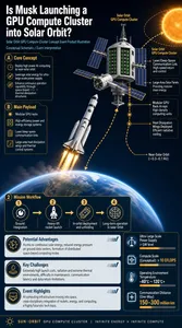 This is a Chinese-dominated 16:9 horizontal technology infographic, with the theme "Is Musk Launching a GPU Compute Cluster into Solar Orbit?" The overall design uses a deep blue-black cosmic background, complemented by gold, white, orange, and blue highlights, presenting a high-end tech product illustration style. The image is not a traditional statistical chart but a conceptual explanatory infographic, organizing content through information cards, numbered processes, icons, orbital dashed lines, callout labels, and parameter bars.

The title area at the top left includes:

Main title: Is Musk Launching a GPU Compute Cluster into Solar Orbit?
Subtitle: Solar Orbit GPU Compute Cluster Concept Event Product Illustration
Tags: Conceptual Schematic / Event Interpretation

Main visual of the image:

In the center is a white heavy-lift rocket ascending from above the Earth, tilting upward to the right, with a bright flame trailing from its tail.
The Earth is positioned in the lower-middle section, showing a blue atmosphere, surface curvature, and night lights.
At the upper right is the "Solar Orbit GPU Compute Cluster," which resembles a combination of a space station and a server data center, composed of GPU rack arrays, solar panels, communication antennas, thermal control structures, and trusses.
At the far right is a large orange-yellow Sun, with a dashed near-solar orbital arc beside it.
A golden dashed orbit connects the Earth, rocket, space computing platform, and solar orbit, indicating the launch and deployment path.

The information modules on the left are as follows:

A Core Concept
Deploy high-power AI computing to near-solar orbit
Leverage solar energy for ultra-large-scale power supply
Enhance continuous operation capability through space-based thermal dissipation structures

B Main Payload
Modular GPU racks
High-efficiency power and energy storage systems
Laser/deep-space communication links
Large-area heat dissipation wings and thermal control systems

C Mission Workflow
This area is a horizontal 4-step process, organized with numbers, icons, and arrows:
1 Ground integration
2 Heavy-lift rocket launch
3 In-orbit deployment and unfolding
4 Long-term operation in solar orbit

The information modules at the bottom are as follows:

Potential Advantages: Access to continuous solar energy, reduced energy pressure on ground data centers, formation of distributed space-based computing nodes
Key Challenges: Extremely high launch costs, radiation and extreme thermal environments, difficulty in maintenance, communication latency and data return limitations
Event Highlights: AI computing infrastructure moving into space, cross-disciplinary integration of rockets, energy, and computing, a highly futuristic tech topic

Callouts on the right-side space computing platform include:

Solar Orbit GPU Compute Cluster
Laser/Deep-Space Communication Link: High-speed return and control
Large-Area Solar Panels: Providing massive clean energy
Modular GPU Rack Arrays: High-density computing units
Heat Dissipation Wings Deployed: Efficient radiative cooling
Near-Solar Orbit: (~0.3–0.7 AU)

The parameter bars at the lower right include four icon-style metrics:

Ultra-Large-Scale Power Supply: > GW level
Compute Scale (Conceptual): > 10 EFLOPS
Operating Environment Temperature: -40°C ~ 120°C+
Communication Distance (One-Way): 150–300 million km

Decorative English footer text at the bottom:
SUN·ORBIT GPU COMPUTE CLUSTER | INFINITE ENERGY × INFINITE COMPUTE
