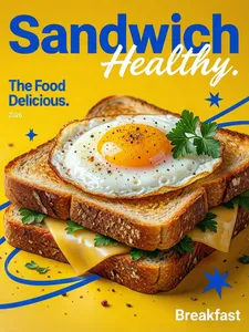 A food poster, with an overall style that is retro yet vibrant American fast-food chic. The composition features a bright yellow background, with bold uppercase blue lettering reading "Sandwich" at the top and white handwritten-style text reading "Healthy." On the left side, there is blue text reading "The Food Delicious." At the center of the frame is the main subject — a sandwich made of two slices of golden-toasted whole-grain bread with cheese in between, topped with a perfectly fried runny egg, sprinkled with black pepper and spices, and garnished with parsley. The eye-level perspective highlights the deliciousness and texture of the food. Blue decorative lines and star-shaped elements add vitality to the composition. The overall presentation conveys a sense of the return of the healthy food trend, with bright and highly contrasting colors, delivering a bold retro American visual impact. 32K ultra-high-definition image quality. Small decorative auxiliary text in an ultra-fine sans-serif lowercase font: "2026." Very fine white sans-serif text in the corner reading "Breakfast." Texture, tactile feel, dreamy, iridescent, reflective, artistically abstract, poetic, premium, masterpiece, highly visually impactful, award-winning work, masterful color palette, masterful typography, high detail, sophisticated, creative linear-arranged background, ultra-high definition, harmonious layout. The main subject elements have been redesigned, with slight variations in details and composition. No author attribution, no watermark, no real brand names.