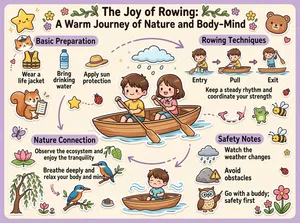 This is a Chinese infographic themed "The Joy of Rowing: A Warm Journey of Nature and Body-Mind," using a warm and soft color palette (cream background with lavender borders) in a cute, hand-drawn cartoon style. It makes extensive use of sticker-style illustrations—such as small animals, flowers, clouds, and stars—to create a lighthearted and joyful atmosphere. In the center are a boy and a girl rowing a wooden boat, surrounded by four main information modules that are logically organized by curved arrows or visual dividers, giving a clear structure and balanced layout.

The title "The Joy of Rowing: A Warm Journey of Nature and Body-Mind" is centered at the top, in dark brown bold lettering with a handwritten feel, decorated above and around with vines, small flowers, and heart motifs, enhancing the decorative quality and thematic connection.

The four core modules are as follows:

1. **Basic Preparation** (upper left):
- Title: "Basic Preparation," on a purple rounded-rectangle background.
- Contents include three illustrated tips:
- Image: yellow life jacket → text: "Wear a life jacket"
- Image: blue water bottle with a smiling face label → text: "Bring drinking water"
- Image: straw hat → text: "Apply sun protection"
- Supporting elements: on the left is a sticker of an orange-and-white cat in a sailor hat; below is a squirrel sticker holding a checklist, with small creatures like ladybugs and butterflies dotted around.

2. **Rowing Techniques** (upper right):
- Title: "Rowing Techniques," on a purple rounded-rectangle background.
- The rowing stroke is shown as a three-step flowchart:
- Step 1: Boy dipping the oar into the water → text: "Entry"
- Step 2: Boy pulling the oar through the water → text: "Pull"
- Step 3: Girl lifting the oar out of the water → text: "Exit"
- Below is the summary text: "Keep a steady rhythm and coordinate your strength"
- Supporting elements: on the right is a bear sticker; below are stickers of a frog and a bee, along with pink curved arrows indicating the motion cycle.

3. **Nature Connection** (lower left):
- Title: "Nature Connection," on a purple rounded-rectangle background.
- Includes two suggestions:
- "Observe the ecosystem and enjoy the tranquility"
- "Breathe deeply and relax your body and mind"
- Rich accompanying illustrations:
- Lotus flowers and leaves on the water
- A blue-and-orange kingfisher perched on a branch
- A weeping willow tree
- A small boy sitting in a little boat doing a deep-breathing motion (hands on his belly, with flowing lines indicating breath)
- Supporting element: a smiling star sticker in the upper left corner.

4. **Safety Notes** (lower right):
- Title: "Safety Notes," on a purple rounded-rectangle background.
- Lists three safety reminders:
- "Watch the weather changes" (illustration: a rain-and-thunder cloud)
- "Avoid obstacles" (illustration: a rock with a warning sign and exclamation mark)
- "Go with a buddy; safety first" (illustration: an owl sticker wearing glasses and holding a pointer)
- Supporting elements: bee flight trails on the right, with ladybugs and small flowers scattered around.

Overall, the modules are connected by purple dotted or curved lines, forming an organic whole. The central rowing scene serves as the visual focal point, naturally linking the four modules. All text is in Simplified Chinese, with a consistent rounded and readable handwriting-style font. The graphic elements all adopt a sticker/clip-art style with white outlines, enhancing layering and playfulness. This infographic aims to convey safety knowledge, operational skills, and the physical and mental benefits of rowing in a lighthearted and fun way, making it suitable for family, parent-child, or outdoor education settings.