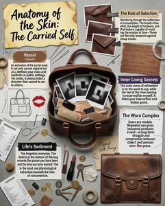 The title of this infographic is "Anatomy of the Skin: The Carried Self," rendered in a retro collage art style. The overall layout resembles a wall or archival board filled with fragments of memory, with a background composed of gray cement texture, torn paper, leather scraps, metal threads, and scattered objects, creating a nostalgic, intimate, and slightly messy atmosphere. At the center of the image is an open brown leather handbag, stuffed with black-and-white photographs, tickets, letters, and other miscellaneous items, symbolizing the private world one carries with them. Surrounding this core are several thematic panels, visually distinguished through labels of different colors and materials, handwritten notes, design sketches, and other forms.

The title "Anatomy of the Skin: The Carried Self" is positioned in the upper left corner, placed on a yellowed piece of paper with coffee stains and torn edges, rendered in bold calligraphic black typeface, giving it strong visual impact.

The main structure is divided into five thematic modules, each with its own title and descriptive text:

1. **The Rule of Selection**
- The title is placed in the upper right area, on a light brown torn-edge label.
- Text content: "Wandering through the wilderness of consumption. The breath of leather, the weight of hardware, and that texture capable of resisting the erosion of time—these are the only weapons against cheap trends."
- Visual elements: Next to the title are three close-up photographs of leather bag details, held by iron clips, showing the handle, stitching, and corner reinforcements.

2. **Vessel**
- The title is positioned in the middle left, on a brown leather label, with the English subtitle "(Vessel)" below.
- Text content: "An extension of the social mask. It not only carries objects but also defines your class and aesthetic in public settings. Yet inside, it always hides a disorder that cannot be shown to others."
- Visual elements: Below the title is a hand-drawn structural diagram of a bag style, accompanied by a red lipstick print pattern.

3. **Inner Lining Secrets**
- The title is located in the middle right, on a dark purple torn-edge label.
- Text content: "The outer sense of refinement is for the world to see, while the feel of the inner lining is reserved for oneself. It hides your insecurities and hidden greed."
- Visual elements: Above the title is a brown sheet of paper covered in scrawled mathematical formulas and handwritten notes, simulating traces of real records.

4. **Life's Sediment**
- The title is placed in the lower left corner, on a black torn-edge label.
- Text content: "The forgotten everyday. The debris at the bottom of the bag records the places you have been and the time you have wasted. This is the most real physiological excretion beneath the halo of consumerism."
- Visual elements: Scattered below the title are real objects such as lipstick, keys, coins, receipts, and crumpled paper, enhancing the concrete sense of "sediment."

5. **The Worn Complex**
- The title is positioned in the lower right corner, on a white torn-edge slip, with a dashed arrow behind it pointing to a close-up image of a severely worn leather bag in the lower right.
- Text content: "Scars are medals. Repeated use gives industrial products a soul—a long-term struggle and compromise between object and person over the years."
- Visual elements: The lower right shows a worn leather bag, its surface covered with scratches and crossed-out ink marks, as if deliberately marked, emphasizing the ritual sense of "wear."

In addition, other detailed elements are interspersed throughout the image:
- Sewing needles, thread balls, staples, and transparent tape appear in multiple places, reinforcing the imagery of "handcrafting" and "mending."
- In the lower left corner, there are two blurred shopping receipts, with recognizable partial barcodes and numbers such as "00086 011..." and "¥19.80."
- In the middle right area, there are handwritten English phrases like "Flipped silk lining..." simulating process notes.

The entire image does not use conventional data charts (such as bar charts or pie charts). Instead, it combines narrative collage, textual description, and still-life photography to construct a philosophical visual text about materiality and psychology, appearance and interiority, consumption and memory. All text is in Chinese, with no English translation. The language style is both literary and critical, aiming to provoke deep reflection on the relationship between personal objects and self-identity.