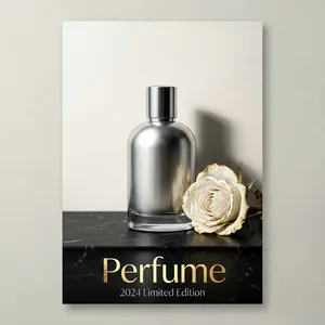 Minimalist luxury-style poster, featuring a silver metallic perfume bottle placed on a black matte marble surface. The background is 70% negative space (off-white), with side lighting outlining the silhouette of the perfume bottle and casting soft shadows. Next to the perfume bottle, a single dried white rose is arranged as an accent, with the edges of the petals featuring a subtle golden sheen. The text "Perfume" is rendered in an elegant sans-serif font, positioned at the bottom center of the poster, with a gold-leaf metallic finish, and below it, smaller gray fine text reads "2024 Limited Edition." The overall color palette is low-saturation, emphasizing material contrasts (the cold hardness of metal against the softness of the rose). The atmosphere is serene and premium, drawing reference from the lighting style of photographer Paolo Roversi.