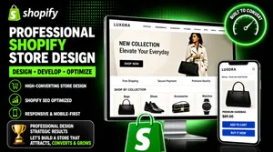 [Format]
Professional Fiverr gig cover, landscape 16:9 banner. Dark premium e-commerce advertising style with glowing green accents. Sleek, modern and conversion-focused. No watermark, no personal names.

[Layout]
A near-black background with a soft green radial glow blooming behind the right-hand mockups and a faint green dotted-grid texture across the upper left. The left column is a typography and feature stack; the right side is dominated by a large desktop monitor with a phone overlapping its lower right. A round speedometer badge floats at the top right and a large app glyph at the bottom centre.

[Subject]
No people. A pure product and interface composition.

[Headline]
Stacked on the left: the "shopify" lockup at the top - the green shopping-bag glyph beside the white wordmark; then "PROFESSIONAL" in heavy white caps; "SHOPIFY" in very heavy bright-green caps; "STORE DESIGN" in very heavy white caps; and beneath, a green slab containing "DESIGN • DEVELOP • OPTIMIZE" in bold black caps. At the very bottom left, a rounded dark panel with a gold trophy icon beside "PROFESSIONAL DESIGN" over "STRATEGIC RESULTS" in white, then a line reading "LET'S BUILD A STORE THAT ATTRACTS, CONVERTS & GROWS" with the closing words picked out in green.

[Badges]
Under the headline slab, three left-aligned rows each led by a green-outlined circular icon with white caps text: a shopping-cart icon for "HIGH-CONVERTING STORE DESIGN", a rising bar-chart icon for "SHOPIFY SEO OPTIMIZED" and a phone icon for "RESPONSIVE & MOBILE-FIRST". At the top right, a round green speedometer badge reading "BUILT TO CONVERT".

[Devices]
Centre-right: a large silver-framed desktop monitor and, overlapping its lower right, a standing smartphone, both running the same light e-commerce store branded "LUXORA". The monitor shows a "NEW COLLECTION" hero reading "Elevate Your Everyday" with a "SHOP NOW" button over a photograph of a woman in a cream trench coat carrying a black handbag, a trust strip for "Free Shipping", "Secure Payment" and "Premium Quality", and a "SHOP BY COLLECTION" grid of four product tiles labelled "Bags", "Shoes", "Accessories" and "Watches". The phone repeats the store on a mobile layout with a "PREMIUM HANDBAG $89.00" product card, a colour swatch row and blue "ADD TO CART" and "BUY IT NOW" buttons.

[Mood]
Premium, sales-focused and technical; near-black with a green glow, a bright platform lockup and a polished store mockup that signals conversion.