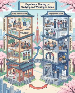 This infographic is themed "Experience Sharing on Studying and Working in Japan." It adopts a symmetrical twin-tower structure, dividing the entire process into a "Study Abroad Phase" and an "Employment Phase," each presented as a multi-story building in traditional Japanese style. The overall background is a spring scene with cherry blossoms in full bloom, with Tokyo Tower and a modern city skyline visible in the distance, creating an atmosphere that blends tradition and modernity in Japan. In the center of the image, a blue curved arrow points from the left building to the right building, symbolizing the transition from studying to working; at the same time, an orange arrow at the base of the left building curves back, suggesting a cyclical feedback of cultural adaptation and growth.

**Title and Layout:**
- The main title is on a scroll at the top: "Experience Sharing on Studying and Working in Japan."
- The left building is labeled "Study Abroad Phase," and the right building is labeled "Employment Phase."
- Both buildings have three stories, each representing a major stage or theme, with vertical hanging banners indicating the core content of each floor.

---

**Left Building: Study Abroad Phase**

**First Floor (Top) — Preparation Period**
- Hanging banner label: "Preparation Period"
- Content includes:
- "Language Learning": A female student sits at a desk studying, with books piled up around her, and a world map nearby marked with multiple red location pins.
- "Visa Preparation": Displays passport and visa documents.
- "School Selection & Application": Positioned between the map and the visa as a connecting item.

**Second Floor — Academics and Daily Life**
- Hanging banner label: "Academics and Daily Life"
- Content includes:
- "Research/Courses": A classroom scene with a teacher lecturing at the blackboard and students sitting at desks listening.
- "Seminars": Multiple people sitting around discussing, with one person speaking.
- "Part-Time Work Experience": A supermarket or convenience store scene with a student in uniform working at the cash register.
- "Social Networks": Three students chatting on campus, with one holding a mobile phone.

**Third Floor — Cultural Integration**
- Hanging banner label: "Cultural Integration"
- Content includes:
- "Cultural Adaptation": A woman in a kimono walks down a street decorated with lanterns, next to a sign reading "Cultural Integration Zone."
- The "Cultural Adaptation" area also includes a small Japanese-style shop, with a clerk serving customers and products displayed on shelves.

---

**Right Building: Employment Phase**

**First Floor (Top) — Job Search Activities**
- Hanging banner label: "Job Search Activities"
- Content includes:
- "Resume/ES": A man writing a resume at a computer.
- "Interview Preparation": A man standing and facing a seated female interviewer, with the two in conversation.
- "Company Research": Three people discussing around a large screen displaying a Google search interface with the words "Company Research."

**Second Floor — Workplace Culture**
- Hanging banner label: "Workplace Culture"
- Content includes:
- "Teamwork": Multiple people sitting around a meeting table discussing chart data.
- "Superior-Subordinate Relations": Two employees bowing to a supervisor.
- "Overtime Culture": An employee working late at night at a desk, looking tired, with a wall clock showing 10:30 and the number "3.2.2" nearby (possibly indicating a date or overtime hours).

**Third Floor — Career Development**
- Hanging banner label: "Career Development"
- Content includes:
- "Skill Improvement": An employee climbing a staircase with gear patterns beside it, symbolizing technological progress.
- "Promotion Path": An employee receiving a certificate from a supervisor, with the word "Promotion" in the background.
- "Long-Term Visa/Permanent Residency": An employee looking at a document with a "PR" mark, likely a permanent residence permit.

---

**Visual Elements and Design Style:**
- Overall hand-drawn illustration style, with soft colors in blue, pink, and off-white as the main palette.
- The building structures are transparent, with interior scenes clearly visible, reflecting a "cutaway" design approach.
- Extensive use of Chinese labels, with calligraphy-style fonts to enhance the cultural atmosphere.
- All text is preserved in its original form, without translation or explanation.
- Elements such as cherry blossom trees, small bridges, and lanterns in the background reinforce Japanese cultural imagery.

This infographic, through spatial layering and process arrows, systematically presents the complete path from study abroad preparation to career development. It is both educational and visually appealing, making it suitable for use in study-abroad consulting, career planning, or cultural exchange promotional materials.