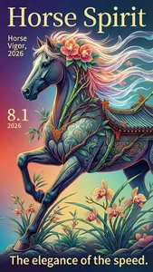 Graphic illustration, poster design, premium, typographic art, Chinese-style horse mane floral arrangement styling, textured matte finish, noise grain, diffuse gradients, flat illustration, soft color bleeding, high-saturation gradient background, new Chinese-style flat commercial illustration, geometric fine-line brushwork outlining the horse's silhouette, Song Dynasty aesthetic mood, Taihu stone and horse silhouette fused together, Chinese orchids and grasses transformed into flowers and plants beneath the horse's hooves, slender branches and leaves winding around the horse's body, traditional Chinese architectural eaves transformed into decorative elements on the horse, traditional Chinese patterns covering the horse's body, surreal dynamic feel, transparent fluid simulation of light and shadow cast by the horse in motion, acid-graphic color palette, intense colors, Chinese national aesthetic, cool-toned palette accented with localized warm colors, the horse as the enlarged central subject (with flowing luminous texture in the mane), bamboo transformed into a riding crop or horse ornament, elegant gradients combined with color contrast, bright and lively colors, Eastern aesthetics, innovative composition highlighting the horse's vigorous posture and spirited essence, rich in layering, element reconstruction. The date reads "8.1," with "2026" written below, the left-side text reads "Horse Vigor, 2026," the top reads "Horse Spirit" (centered and enlarged), and the bottom reads "The elegance of the speed."