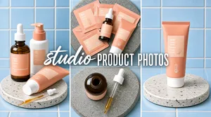 [Format]
Landscape 16:9 gig cover, a three-column photo triptych with a spanning overlay title. Soft pastel studio still-life, no watermark, no personal names.

[Layout]
The frame divides into three equal vertical panels split by thin white seams, left, centre and right, each a separate styled shot of the same skincare range on a speckled pale terrazzo disc against a light-blue tiled backdrop. The left panel is a mid-shot with a dropper bottle and a tube lying at an angle, the pipette resting in the foreground. The centre panel is split again horizontally into two stacked frames: above, a top-down arrangement of sachet cards with copy, a small dropper bottle and a tube on a grey stone slab; below, a closer top-down of the open dropper bottle with its pipette lying beside it. The right panel is a vertical shot of a single upright tube standing on the terrazzo disc. A large title is centred across the whole cover at mid-height, overlapping the seams of all three panels.

[Subject]
No human subject, objects only: a peach-coral skincare set with a tall squeeze tube, an amber pipette dropper bottle, printed sachet cards and a white pump bottle, all in consistent matte peach dressing. Describe any printed label as a generic light-peach block with small white sans text and a thin rule, no brand words.

[Headline]
Centred overlay at mid-height, spanning all panels: studio in a large white flowing brush-script, immediately followed by PRODUCT PHOTOS in a tall condensed white sans, all caps, slightly wider tracking; the phrase shares one baseline and carries a soft shadow so it stays legible over both the pale and the peach areas.

[Badges]
Small in-image marks only: tiny circular stamps and a small product-sheet icon printed on the sachet cards; treat them as generic fine-line icons.

[Mood]
Soft pastel palette: light sky blue, off-white terrazzo grey, peach-coral and a hint of pale mint. Gentle, feminine and airy; the white script-over-condensed title floats above the pastel triptych and stays readable at thumbnail size.