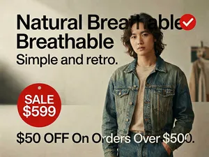 Overall style: a fusion of retro workwear style and modern minimalism, with a realistic photographic texture. The main subject is positioned on the right, occupying 60% of the frame. Above it are the texts "Natural Breathable" (with a red checkmark icon) and "Simple and retro." Below are a red circular "SALE $599" tag and promotional text reading "$50 OFF On Orders Over $500." The background features a subtle gradient with softly blurred edges, creating an overall sense of premium quality and marketing appeal.