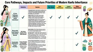 The infographic titled "Core Pathways, Impacts and Future Priorities of Modern Hanfu Inheritance" presents a structured, visually engaging analysis of the contemporary Hanfu revival movement. The layout is organized as a grid with three main horizontal sections, each representing a major theme: "4 Core Pathways of Modern Hanfu Inheritance," "Measurable Social Impacts of the Hanfu Revival," and "Sustainable Inheritance: Future Priorities." These sections are arranged vertically along the left side, with corresponding content distributed across seven columns labeled: Statistics, Quotes, Key Terms, Style Preferences, Layout Preferences, and Other Requirements. The overall design employs a soft pastel color palette with geometric illustrations of stylized figures in vibrant, patterned Hanfu attire. Decorative elements include potted plants, abstract shapes, and small icons, contributing to a modern, accessible aesthetic. The chart type is a tabular matrix where each row corresponds to a thematic section and each column represents a category of information, allowing for comparative analysis. Each cell within the matrix contains either textual content or a checkmark (✓) indicating relevance or applicability. The top row of the table features headers with distinct background colors: Statistics (lavender), Quotes (peach), Key Terms (teal), Style Preferences (yellow), Layout Preferences (light green), and Other Requirements (light coral). **Section 1: 4 Core Pathways of Modern Hanfu Inheritance** - **Statistics**: A checkmark indicates this category is relevant. - **Quotes**: A checkmark indicates relevance. - **Key Terms**: A checkmark indicates relevance. - **Style Preferences**: A checkmark indicates relevance. - **Layout Preferences**: A checkmark indicates relevance. - **Other Requirements**: A checkmark indicates relevance. - **Content under "Quotes" column**: - *Community Events*: "Hanfu festivals, traditional ritual reenactments like coming-of-age ceremonies and Lantern Festival gatherings hosted by local Hanfu associations. Over 4,000 registered Hanfu clubs in mainland China as of 2024." - *Digital Content*: "Short videos, historical style tutorials, and cultural commentary on video platforms. #Hanfu content accumulating over 1.8 trillion views on Douyin alone by 2023." - *Formal Education*: "Optional Hanfu and traditional etiquette courses offered in K-12 schools and university cultural clubs, plus postgraduate research programs focusing on Hanfu textile conservation." - *Commercial Operation*: "Independent Hanfu design brands and experiential stores offering custom tailoring, rental services, and styling workshops for daily wear and special occasions." **Section 2: Measurable Social Impacts of the Hanfu Revival** - **Statistics**: Text reads "Key Social Impacts of the Hanfu Revival". - **Quotes**: - *Cultural Identity*: "78% of Hanfu enthusiasts surveyed in 2023 reported that wearing Hanfu increased their sense of connection to Chinese traditional culture." - *Economic Growth*: "The global Hanfu market exceeded 12.5 billion RMB (approx. 1.7 billion USD) in 2023, supporting over 20,000 small independent designers, textile artisans, and tailors." - *Cross-Cultural Exchange*: "Hanfu is regularly featured in international cultural exchange events, Lunar New Year parades, and global fashion shows. 32% of overseas Hanfu community members identifying as non-Chinese as of 2024." - **Key Terms**, **Style Preferences**, **Layout Preferences**: All empty. - **Other Requirements**: Contains a checkmark. **Section 3: Sustainable Inheritance: Future Priorities** - **Statistics**: Text reads "3 Future Priorities for Sustainable Hanfu Inheritance" followed by "Building an inclusive, historically accurate future for Hanfu culture". - **Quotes**: - *Historical Design Standardization*: "Establishing public open-source databases of Hanfu patterns, cut styles, and textile techniques from different dynasties to reduce inaccurate fast-fashion Hanfu products." - *Inclusive Design Expansion*: "Expanding accessible size ranges, adaptive Hanfu designs for people with disabilities, and gender-neutral styles to make Hanfu welcoming for all demographic groups." - *ICH Artisan Partnerships*: "Collaborating with traditional weavers, embroidery artists, and natural dyeing craftspeople to preserve dying techniques while providing stable income for ICH practitioners." - **Key Terms**, **Style Preferences**, **Layout Preferences**: All empty. - **Other Requirements**: Contains a checkmark. The infographic uses consistent typography, with bold headings and clear, legible body text. Illustrations appear in the margins—on the left side for the first and third sections, and on the right side for the second section—adding visual interest without distracting from the data. The structure enables readers to easily trace the evolution from current pathways to social outcomes and then to strategic future directions for Hanfu heritage preservation.