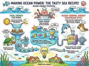 The infographic titled **“MAKING OCEAN POWER: THE TASTY SEA RECIPE!”** is a vibrant, whimsical illustration designed to educate viewers about renewable ocean energy sources in an accessible, child-friendly manner. The primary language is English, with all text presented clearly in bold, playful fonts.

The overall layout is horizontally structured into three main vertical sections, each dedicated to a different form of ocean energy: **Tidal Energy**, **Wave Energy**, and **Ocean Thermal Energy Conversion (OTEC)**. These sections are visually separated but connected at the bottom by a central yellow lightbulb labeled “CLEAN ENERGY LIGHTBULB!” which symbolizes the end product—electricity for homes. Below this, a small coastal landscape depicts houses and a school illuminated by the bulb, emphasizing practical application.

At the top, the title is framed by a smiling fish on the left and a pink seashell on the right. Beneath it, cheerful, anthropomorphized waves with smiling faces represent the “OCEAN’S ENERGY POTENTIAL.” Centered above the three main sections is a pink octopus wearing a chef’s hat, holding a wooden spoon and a small bowl, standing behind a large pot of water. A speech bubble reads: **“LET’S WHIP UP SOME POWER!”** This sets the culinary theme that runs throughout the infographic.

---

### Section 1: TIDAL ENERGY (TIDE POWER) – Left Panel
This section is labeled **“TIDAL ENERGY (TIDE POWER)”** in green text. It features a smiling sun and moon pulling a blue fabric representing tides. Below, a turtle wearing a chef’s hat holds a plate of pancakes, with the caption: **“RISING & FALLING TIDE PANCAKES!”**

The visual metaphor shows a circular platform with stacks of pancakes being flipped as tides rise and fall. Water flows through channels with paddle wheels (labeled “POWER BOWL”) turning as tides go up and down. The text explains: **“TIDES GO UP & DOWN, TURNING PADDLES FOR ELECTRICITY!”**

---

### Section 2: WAVE ENERGY (WAVE POWER) – Middle Panel
Labeled **“WAVE ENERGY (WAVE POWER)”** in blue text, this section features various sea creatures (starfish, fish, seahorse, duck) riding on waves. The caption reads: **“WAVE-BOUNCING BATTER BLENDERS!”**

A blender filled with yellow liquid (representing batter) is shown with a sparkly effect and a speech bubble saying **“POW! ELECTRICITY!”** Text explains: **“MOVEMENT SENDS ENERGY DOWN TUBES TO A GIANT BLENDER THAT CREATES SPARKLY POWER!”** The blender is connected via a tube to the central lightbulb.

---

### Section 3: OCEAN THERMAL ENERGY CONVERSION (OTEC) – Right Panel
Headed **“OCEAN THERMAL ENERGY CONVERSION (OTEC)”** in orange-red text, this section shows a dolphin and a seal, both wearing chef hats, sipping from straws connected to a multicolored machine labeled **“COLD-HOT POWER MIXER!”**

Text explains: **“USING THE SUN’S WARM WATER AND DEEP COLD WATER TO SPIN A SPECIAL TURBINE!”** Steam rises from the mixer, powering a tiny turbine depicted as a smiling gear. The caption continues: **“STEAM PUSHES TINY TURBINE TURBINE, MAKING POWER!”** Another line reads: **“MIXING WARM & COLD FOR ENERGY!”**

---

### Bottom Integration Layer
All three energy sources converge at the central **“CLEAN ENERGY LIGHTBULB!”** which shines brightly, casting rays toward the land. Below, two houses and a school (with a clock tower and playground) are shown, with the label **“POWER FOR HOMES!”** indicating the ultimate use of generated electricity.

---

### Visual Style and Elements
The entire infographic uses a watercolor-like background with soft blues, yellows, and greens. All characters and objects are anthropomorphized with smiling faces. Bubbles, seaweed, coral, and small fish decorate the borders. The design employs a consistent “kitchen recipe” metaphor: pancakes for tides, blenders for waves, and mixers for thermal energy. The use of exclamation marks, speech bubbles, and dynamic motion lines enhances the energetic, fun tone.

There are no charts, graphs, or numerical data; instead, information is conveyed through narrative visuals, symbolic metaphors, and direct explanatory text. The structure is logical and educational, guiding the viewer from concept to real-world application.

In summary, this infographic creatively demystifies complex ocean energy technologies by transforming them into a playful cooking analogy, making renewable energy concepts engaging and understandable for children and general audiences.