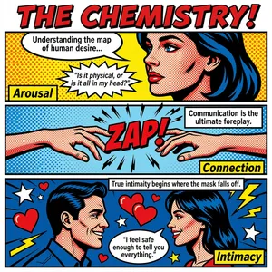 This infographic, titled "THE CHEMISTRY!" in bold red, black-outlined, uppercase letters at the top, employs a dynamic, comic book-inspired pop art aesthetic reminiscent of Roy Lichtenstein’s work. The entire piece is rendered in a high-contrast, halftone dot pattern with primary colors (red, yellow, blue, black) and thick black outlines, characteristic of mid-20th-century American comics.

The layout is divided into three main horizontal sections or panels, each representing a stage in the progression of human connection: Arousal, Connection, and Intimacy. These are labeled in yellow rectangular boxes with black text, placed strategically within their respective panels.

---

**Top Panel: Arousal**

This section features a close-up profile portrait of a woman with blue hair and blue eyes, rendered in red halftone dots on her skin. Her expression is thoughtful and slightly questioning.

- A white speech bubble above her head contains the text: "Understanding the map of human desire..."
- A jagged, starburst-shaped speech bubble near her chin contains the question: “Is it physical, or is it all in my head?”
- The label "Arousal" appears in a yellow box below this speech bubble.
- The background behind her is a bright yellow field filled with orange halftone dots, adding visual energy to the panel.

---

**Middle Panel: Connection**

This panel depicts two hands reaching toward each other against a light blue background with smaller blue halftone dots. The hands are about to touch, and between them, the word "ZAP!" appears in large, red, bold, comic-style lettering with a black outline, suggesting an electric spark or moment of connection.

- To the right of the hands, a white rectangular text box states: "Communication is the ultimate foreplay."
- Below that, the label "Connection" appears in a yellow box with black text.
- The overall composition conveys a sense of anticipation and mutual attraction.

---

**Bottom Panel: Intimacy**

This section shows a man and a woman facing each other in profile, smiling warmly. They are set against a deep blue background adorned with white stars, red hearts, and yellow lightning bolts, symbolizing emotional depth and passion.

- Above them, a white rectangular text box reads: "True intimacy begins where the mask falls off."
- A white oval speech bubble from the woman says: “I feel safe enough to tell you everything.”
- The label "Intimacy" appears in a yellow box at the bottom right of the panel.
- Both characters have halftone-dotted skin, consistent with the style used throughout the infographic.

---

**Overall Design Elements**

- **Color Palette**: Dominant use of red, yellow, blue, and black; halftone patterns create texture and depth.
- **Typography**: Bold, sans-serif fonts for titles and labels; speech bubbles use clean, readable typefaces.
- **Visual Metaphors**: Lightning bolts ("ZAP!"), hearts, and stars represent emotional and physical sparks; the "mask falling off" is a metaphor for vulnerability.
- **Structural Flow**: The infographic progresses from left to right and top to bottom, guiding the viewer through the psychological journey of human desire: from initial arousal, to connection, to deep intimacy.