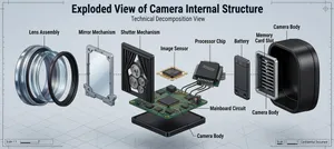 The title of this infographic is "Exploded View of Camera Internal Structure," rendered in a precision technical drawing style. The overall layout is a horizontal 16:9 composition, with a background of light gray engineering paper texture featuring subtle grid patterns, simulating the atmosphere of a real blueprint and creating a rigorous industrial technical feel. At the center of the image, the camera components are shown in a horizontally exploded state, with each part arranged in sequence along the horizontal axis, separated yet logically aligned to reveal the internal spatial hierarchy and assembly order.
On the far left is the "Lens Assembly," depicted as a cylindrical structure with multiple layers of glass lenses embedded in a metal barrel, featuring highlights on the surface, visible aperture blades inside the lens, and a刻度 ring along the edge. Immediately to its right is the "Mirror Mechanism," shown as a tilted rectangular reflective mirror surface with mechanical brackets and a pivot structure, the mirror surface displaying a silvery-white luster. Next is the "Shutter Mechanism," represented as a complex combination of curtains and gears, with fine lines and visible metal spring structures and black curtain material. At the central core of the image is the "Image Sensor," presented as a small square chip with a grid of metal contacts on its surface, surrounded by golden bonding pads. Below it is the "Mainboard Circuit," a dark green substrate covered with intricate golden circuit traces and black electronic components, rich in detail with visible resistors and capacitors.
The right section includes the "Processor Chip," a black square integrated circuit with a heat sink, printed with model text on the surface and connected to the mainboard via ribbon cables. Next to it is the "Battery," depicted as a rectangular block with positive and negative terminal symbols on one end, a textured anti-slip surface, and a dark gray color. Further right is the "Memory Card Slot," showing a spring-loaded slot opening with clearly visible internal metal contacts and a metallic silver edge. The outermost layer is the "Camera Body," divided into upper and lower parts, presented in matte black plastic or leather texture, with edge details including screw holes and seam lines, giving a complete structural appearance.
All components are connected by extremely fine black dashed lines to suggest relationships, avoiding solid arrows to keep the composition clean. Each part is accompanied by clear leader lines with labels, and the text must accurately display: "Lens Assembly," "Mirror Mechanism," "Shutter Mechanism," "Image Sensor," "Mainboard Circuit," "Processor Chip," "Battery," "Memory Card Slot," and "Camera Body." The title text "Exploded View of Camera Internal Structure" uses a bold sans-serif font, positioned at the top center, in dark navy blue. The subtitle "Technical Decomposition View" uses a smaller monospaced font, located below the title, in dark gray.
The color scheme primarily features engineering blue, metallic silver, circuit green, and matte black, with accent orange used as markers for key connection points. The lighting is even and flat, with no strong shadows, emphasizing structural clarity. The lines are crisp and sharp, with a vector-graphic precision, and some cross-section areas use cross-hatching to indicate material textures. The bottom corners include a scale bar with the text "Scale 1:1" and a "Confidential Document" stamp effect. The overall visual presentation is professional and rigorous, suitable for technical documentation displays, ensuring that all component names strictly correspond to their visual forms, with high information density and a smooth reading logic.