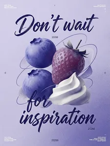 Avant-garde and cutting-edge artistic design, minimalist abstract poster. The core of the image features 3D-rendered abstract simplified forms of blueberries, strawberries, and cream, with a few key elements forming a strong visual focal point. The overall color palette is dominated by translucent monochromatic tones, creating a pure and minimalist atmosphere. The dot-effect of silkscreen printing highlights the minimalist texture, with a clear poster-style aesthetic. Octane render, 64K ultra-high-definition image quality. The main text is rendered in flowing brush-style hand-lettering: "Don't wait for inspiration" (slender strokes, trailing lines, fluid curves, with texture), with very small decorative auxiliary text in an ultra-fine sans-serif lowercase font reading "20266," and very fine white sans-serif text in the corners featuring generic graphic design typographic layout elements. Texture, tactile feel, artistically abstract, poetic, premium, masterpiece, highly visually impactful, award-winning work, masterful color palette, masterful typography, high detail, sophisticated, ultra-high definition, harmonious layout. The main subject elements have been redesigned, with slight variations in details and composition. No author attribution, no watermark, no real brand names.