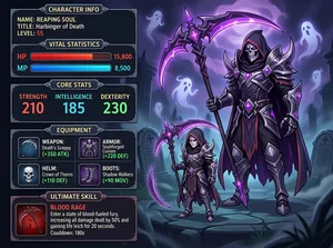 This infographic presents a detailed character profile for "Reaping Soul" from a fantasy-themed game, set against a moody, atmospheric graveyard backdrop with glowing purple hues, floating ghostly spirits, and skeletal tombstones. The overall layout is vertically organized into distinct sections on the left side, with a large, stylized illustration of the character on the right. The design employs a dark, gothic aesthetic with metallic borders, ornate fonts, and vibrant color accents (red for HP, blue for MP, green for stat bonuses) to enhance readability and visual appeal.

The top section is titled **CHARACTER INFO**, which contains three key data points:
- **NAME**: REAPING SOUL
- **TITLE**: Harbinger of Death
- **LEVEL**: 55

Below this is the **VITAL STATISTICS** section, featuring two horizontal progress bars:
- **HP**: A red bar showing 15,800 / 15,800 (fully full)
- **MP**: A blue bar showing 8,500 / 8,500 (fully full)

The next section, **CORE STATS**, displays four primary attributes in a grid format:
- **STRENGTH**: 210
- **INTELLIGENCE**: 185
- **DEXTERITY**: 195
- **VITALITY**: 230

Following that is the **EQUIPMENT** section, arranged in a 2x2 grid with icons and descriptions:
- **WEAPON**: Death's Scythe (+350 ATK)
- **ARMOR**: Soulforged Cuirass (+220 DEF)
- **HELM**: Crown of Thorns (+110 DEF)
- **BOOTS**: Shadow Walkers (+90 MOV)

The final section at the bottom is **ULTIMATE SKILL**, which includes an icon depicting a blood-splattered scythe and the following text:
- **BLOOD RAGE**
- Description: "Enter a state of blood-fueled fury, increasing all damage dealt by 50% and gaining life leech for 20 seconds."
- Cooldown: 180s

On the right side of the infographic, the character "Reaping Soul" is depicted as a towering skeletal figure in a hooded cloak, wielding a massive, glowing purple scythe. The armor is dark gray and silver with sharp, angular designs and embedded purple gems. A smaller, chibi-style version of the character stands in front, mirroring the same outfit and weapon, adding a playful contrast to the imposing main figure. The background features misty ruins, spectral ghosts, and faintly glowing tombstones, reinforcing the theme of death and necromancy. The entire composition blends functional data presentation with rich, thematic artwork to create an immersive character showcase.