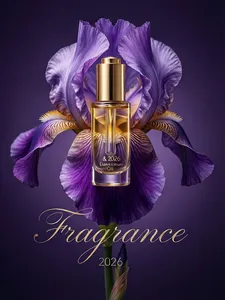 High-end luxury beauty commercial advertising photography. The main subject is the & 2026 Essence Esteem Oil (golden cap, transparent bottle body), placed at the center of a giant purple iris flower. The scene features a deep purple gradient minimalist background, creating a luxurious high-end beauty advertising atmosphere. The style is benchmarked against skincare advertising aesthetics, blending high-end commercial photography with natural floral elements, emphasizing the fusion of luxurious texture and a natural-ingredient feel. The color palette is dominated by deep purple, accented with the golden bottle, presenting a noble, cool, and elegant tone. Central composition is adopted, with the product and flower positioned in the center. Details showcase the transparent texture of the glass bottle, the metallic luster of the golden cap, the vein patterns and light-shadow layers of the purple petals, and the gradient transition of the background. The lighting is three-dimensional and luxurious, precisely conveying the high-end advertising quality of an international luxury beauty brand. 32K ultra-high-definition image quality. Below, the theme is presented in flowing brush-script hand-lettering: "Fragrance" (slender strokes, trailing lines, fluid curves, with texture), with very small decorative auxiliary text in an ultra-fine sans-serif lowercase font: "2026." Texture, tactile feel, dreamy, iridescent, reflective, artistically abstract, poetic, premium, masterpiece, highly visually impactful, award-winning work, masterful color palette, masterful typography, high detail, sophisticated, creative linear-arranged background, ultra-high definition, harmonious layout.