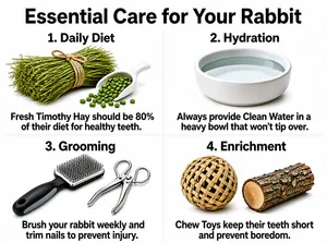 The infographic titled "Essential Care for Your Rabbit" is presented in a clean, minimalist style with a white background and black sans-serif text. The layout is organized into four quadrants arranged in a 2x2 grid, each dedicated to a specific aspect of rabbit care. Each quadrant features a bold numbered heading, an illustrative image, and a concise descriptive paragraph below it.

The overall design uses high-contrast visuals and clear typography to ensure readability and easy comprehension. There are no charts or graphs; instead, the information is conveyed through direct textual instructions paired with relevant photographic-style images.

---

**1. Daily Diet**
- **Heading**: "1. Daily Diet"
- **Visual Element**: A photograph of a bundle of fresh green Timothy hay tied with a natural twine, placed next to a white ceramic scoop filled with small, cylindrical green rabbit pellets. Some pellets are spilled beside the scoop.
- **Text**: "Fresh Timothy Hay should be 80% of their diet for healthy teeth."

---

**2. Hydration**
- **Heading**: "2. Hydration"
- **Visual Element**: A clean, white ceramic bowl filled with clear water, shown from a slightly elevated angle.
- **Text**: "Always provide Clean Water in a heavy bowl that won’t tip over."

---

**3. Grooming**
- **Heading**: "3. Grooming"
- **Visual Element**: A set of grooming tools: a metal slicker brush with a black and gray ergonomic handle, and a pair of stainless steel nail clippers with a looped finger grip.
- **Text**: "Brush your rabbit weekly and trim nails to prevent injury."

---

**4. Enrichment**
- **Heading**: "4. Enrichment"
- **Visual Element**: Two chew toys: a spherical woven ball made of light brown natural fibers (likely willow or wicker), and a short, unpeeled wooden log with visible grain and bark.
- **Text**: "Chew Toys keep their teeth short and prevent boredom."

---

The infographic effectively communicates essential rabbit care practices through a combination of simple, direct language and representative imagery. Each section emphasizes practical advice related to nutrition, hydration, hygiene, and mental stimulation, all critical components of responsible rabbit ownership. The consistent formatting across all four sections enhances clarity and makes the information easily scannable.