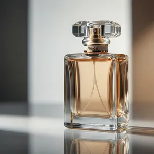Commercial scene image, product photography, light luxury feel. A bottle of expensive perfume, capturing the style of contemporary essence, with soft edges and high-definition detail. Large areas of negative space, elegant, luxurious, reflective surfaces, high gloss, eye-catching, organic materials. Photographed with Nikon.