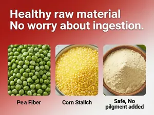 E-commerce product detail page food ingredient safety graphic. Red-to-white gradient background, with a bold white title at the top reading "Healthy raw material No worry about ingestion." Below, three columns display the core ingredients and their advantages:

Pea Fiber

Corn Starch

Safe, No pigment added

The overall layout is clear and straightforward, intuitively presenting the product's natural and safe attributes to reassure users and give them confidence in using the product.
